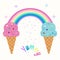 Flat illustration with ice cream, rainbow and Yummy text.