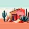 Flat illustration of a landscape of a house among cacti against the sky