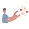 Flat illustration of a man with a magnet attracts love, hearts and flowers. Romantic cute concept