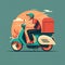 Flat illustration of man on motorcycle delivering package driving on city streets. Generative AI