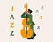 Flat illustration, musician with double bass, notes and text Jazz, green and yellow trendy design, poster for music concerts.,