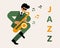 Flat illustration, musician with saxophone, notes and text Jazz, green and yellow trendy design. Print,poster for music concerts.
