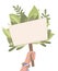 Flat illustration of pacifist hand with banner, green leaves and place for text. Rally and picket. Peace Demonstration. Vector