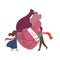 Flat illustration of realistic heart with small hugging couple. Caring for a broken heart .Crisis in relationship. Vector element