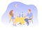 Flat illustration of romantic dinner. Couple of lovers sit at the table and clink glasses.