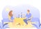 Flat illustration of romantic dinner. Couple of lovers sit at the table and clink glasses on the beach.