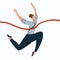 Flat illustration of a running business woman tearing a finishing tape. Effort and victory. Achievements of goals. Champion
