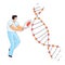 Flat Illustration of Scientist Man, Character Doing Genetic DNA Gene Research. Man looking for an Information in DNA