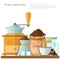 Flat illustration of shelf with different objects for prepearing of coffee