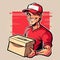 Flat illustration of smiling courier guy holding parcel packed in carton box. Generative AI