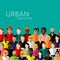 Flat illustration of society members with a large group of men and women. population. urban subculture concept