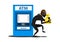 Flat illustration thief steals money from ATM, in black suit, robber in mask.