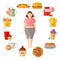 Flat illustration weight gain or plump. Fat girl in the middle of clock face with different icons of harmful products