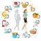 flat illustration weight loss. Slender and fat girl in the middle of clock face with different icons of her routine day on it isol