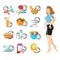 Flat illustration weight loss. Slender girl with different icons of her routine day