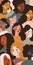 Flat illustration of Women's day pattern with women faces. Female diverse faces of different ethnicity