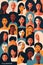 Flat illustration of Women's day pattern with women faces. Female diverse faces of different ethnicity