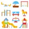 Flat illustrations of kids playground with various equipment