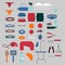 Flat isolated set of dog items elements. Pet icons walking, feeding, grooming salon equipment. Doggy fashion clothes