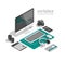 Flat isometric 3d technology designer workspace concept vector. Laptop, smart phone, camera, tablet, player.