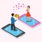 Flat isometric 3d virtual love couple date smartphone