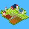 Flat isometric farm product, building infographic