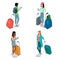 Flat isometric girls with baggage suitcase smartph