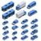 Flat isometric high quality city transport car icon set. Car, van, cargo truck