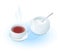 Flat isometric illustration of cup of tea and sugar basin.