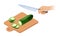 Flat isometric illustration of cutting board, green cucumber, kitchen knife.