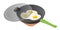 Flat isometric illustration of pan with scrambled eggs, glass li