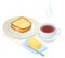 Flat isometric illustration of plate with bread and butter, teacup.