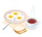 Flat isometric illustration of plate with scrambled eggs, fork,