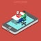 Flat isometric man sit phone screen typewriter