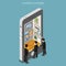 Flat isometric men phone virtual gallery screen ve