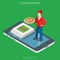 Flat isometric online order Pizza boy smartphone