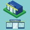 Flat and isometric pharmacy icon. City infographic element, drugstore building