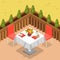 Flat isometric restaurant terrace table vector. 3d