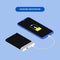 Flat isometric Smartphone connection with power bank via USB cable. Vector 3d illustration. Isometry frameless phone