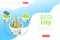Flat isometric vector landing page template of eco city, solar panels.