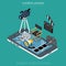 Flat isometric video motion media editing icons ve