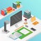 Flat isometric workspace work place concept vector isolated. Desktop computer.
