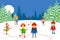 Flat kids ice skating on frozen lake, vector illustration. Boys and girls in warm clothes actively spend their free time