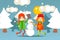 Flat kids sculpt snowman outside, frozen weather vector illustration. Girlfriends spend time together on winter vacation