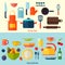 Flat kitchen and cooking background. C