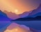 Flat landscape with Mountain Peaks and purple gradient sky at sunrise with reflection. Vacation and Outdoor Banner. Recreation and