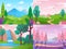 Flat landscape. Summer field nature, forest fauna and waterfall landscapes. Mountains and cloudy sky vector background