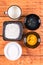 Flat lay above sugar flour egg white yolk and milk. Ingredients for american pancakes recipe