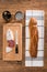 Flat lay above view of dry sausage delicatessen sliced meat with wine and traditional bread on wooden board