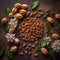 flat lay of almonds arranged in a decorative pattern